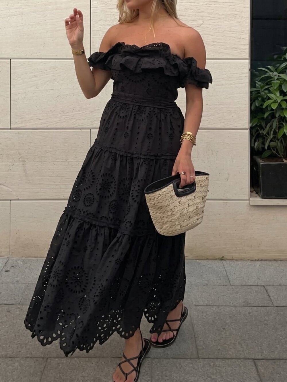 Zara Eyelet Embroidered Midi Dress Black Size S NWT Off Shoulder